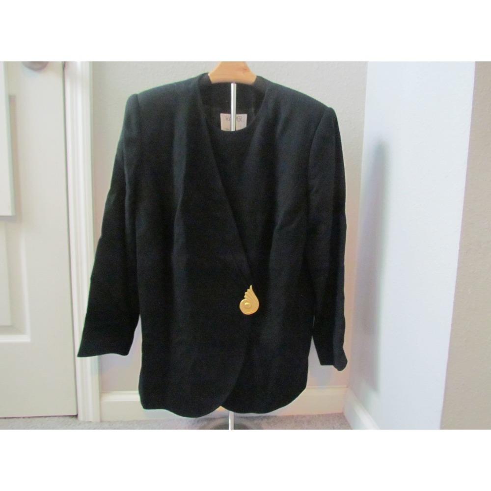 Kasper II Blazer 14 Black Vintage 90s Longline Gold Button Power Suit Jacket